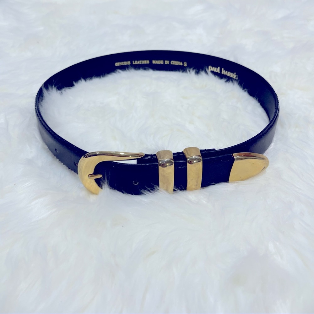 Paul Harris Navy Leather Belt - Gold-tone Hardware  - Size S